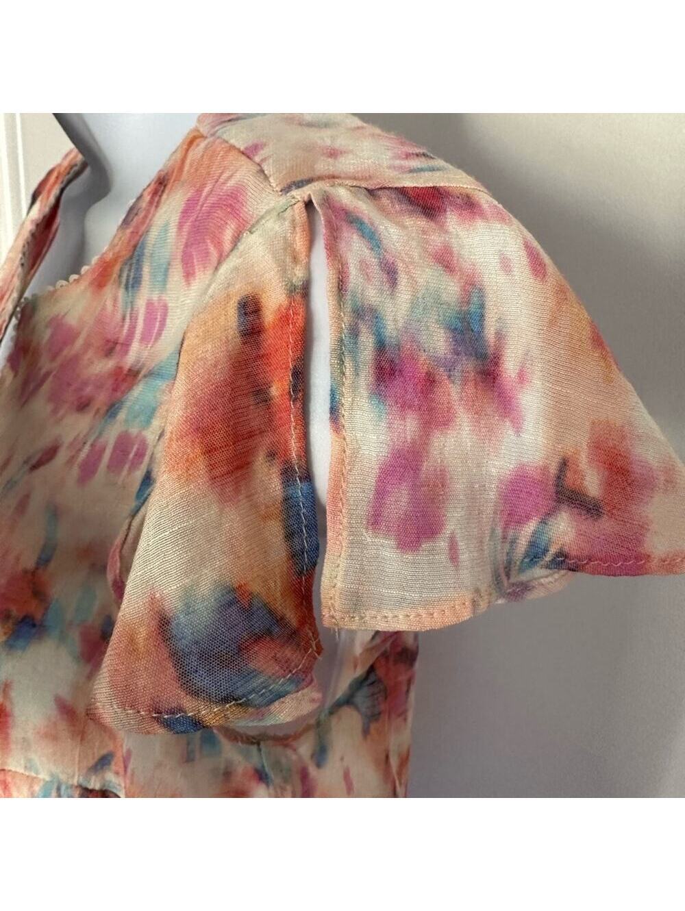Nanette Lepore Women's XS Watercolor V-Neck Flutter Sleeve Blouse Top Pink - Picture 4 of 6